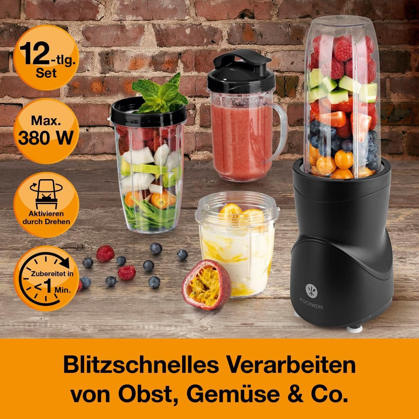 Macchina per frullati 12-Tlg | To-Go Deckel & 4 Mixbehälter | Per Obst, Gemüse & Nüsse | Funzione Myth Ice-Crush | Mini robot da cucina Zum Mixen, Rühren, Zerkleinern, Mahlen, Hacken & Pürieren | Negozio Naty per cucine senza BPA