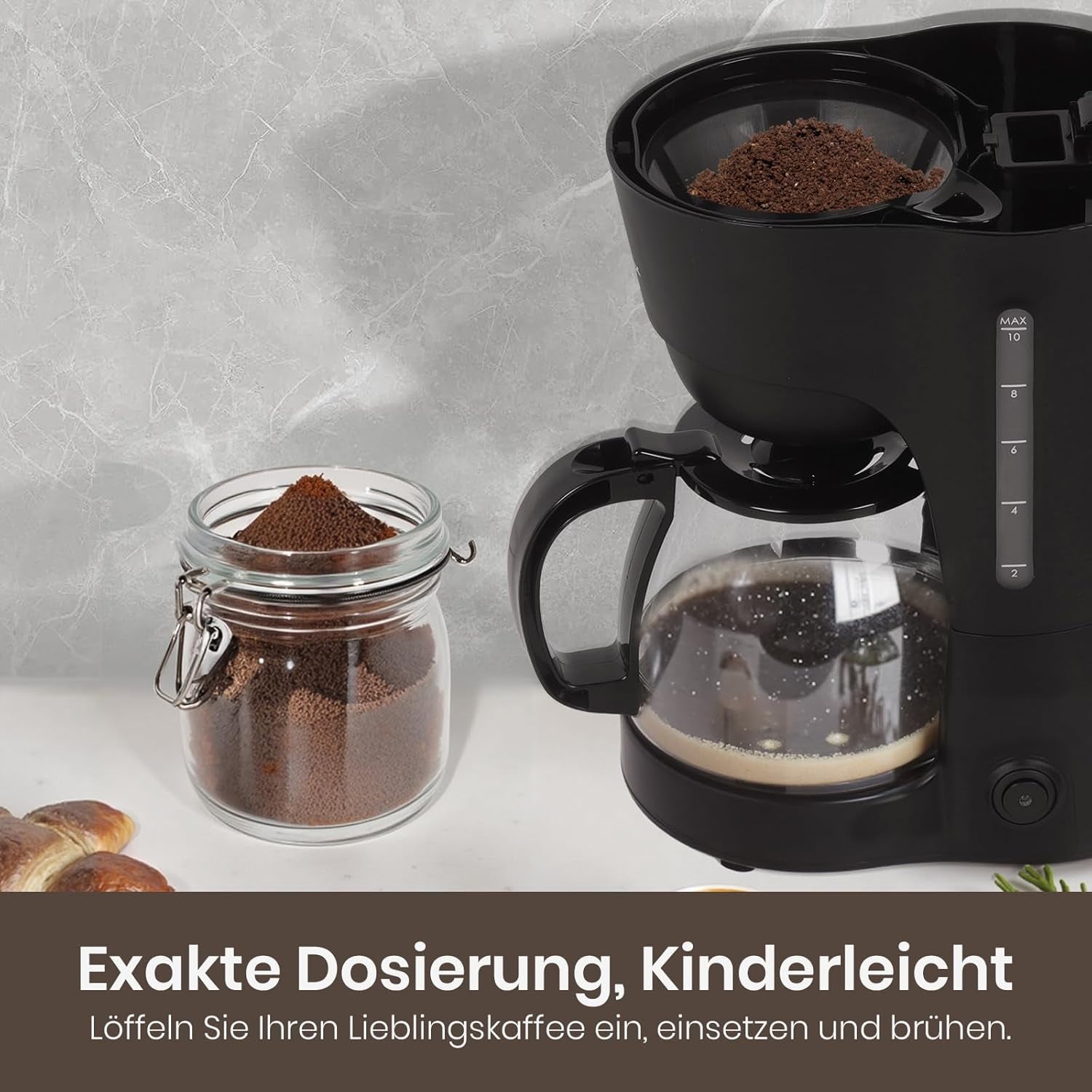 Espressor de cafea cu filtru 1,25 l pentru 10 cești de cafea cu filtru, carafă din sticlă lavabilă în mașina de spălat vase, termos, sistem anti-picurare, oprire automată, 600 W, protecție la fierbere fără apă pentru acasă și birou