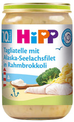 Tagliatelle HiPP con filetti di pollock dell'Alaska in crema di broccoli (6 x 220g), menu per bambini a partire da 10 mesi, senza sale aggiunto, con Omega-3, con pezzi pregiati - per imparare a masticare