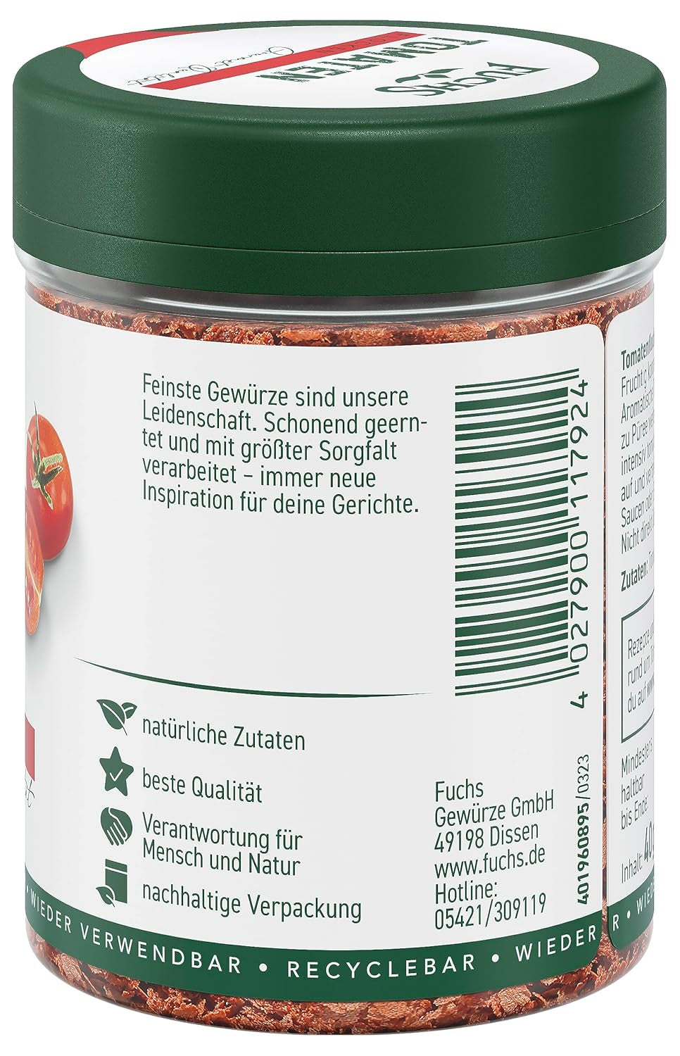 Fuchs Gewürze - Tomaten Flocken - Gewürz für Ofenfeta oder tomatigen Geschmack in Saucen - natural Ingredients - 40 g in wiederverwendbarer, recyclebarer Dose