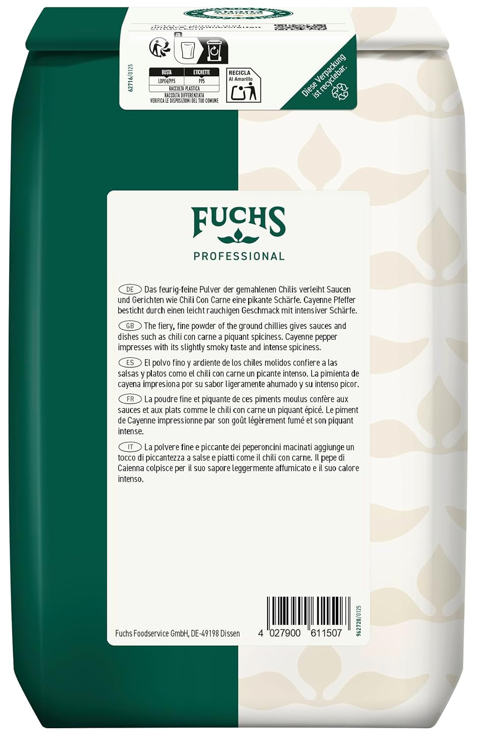 Fuchs Professional - Cayenne Pfeffer gemahlen | Scharfes Gewürz für Chili con Carne | Profi-Qualität für Großverbraucher und Gastronomie | Sacco riciclabile da 1 kg