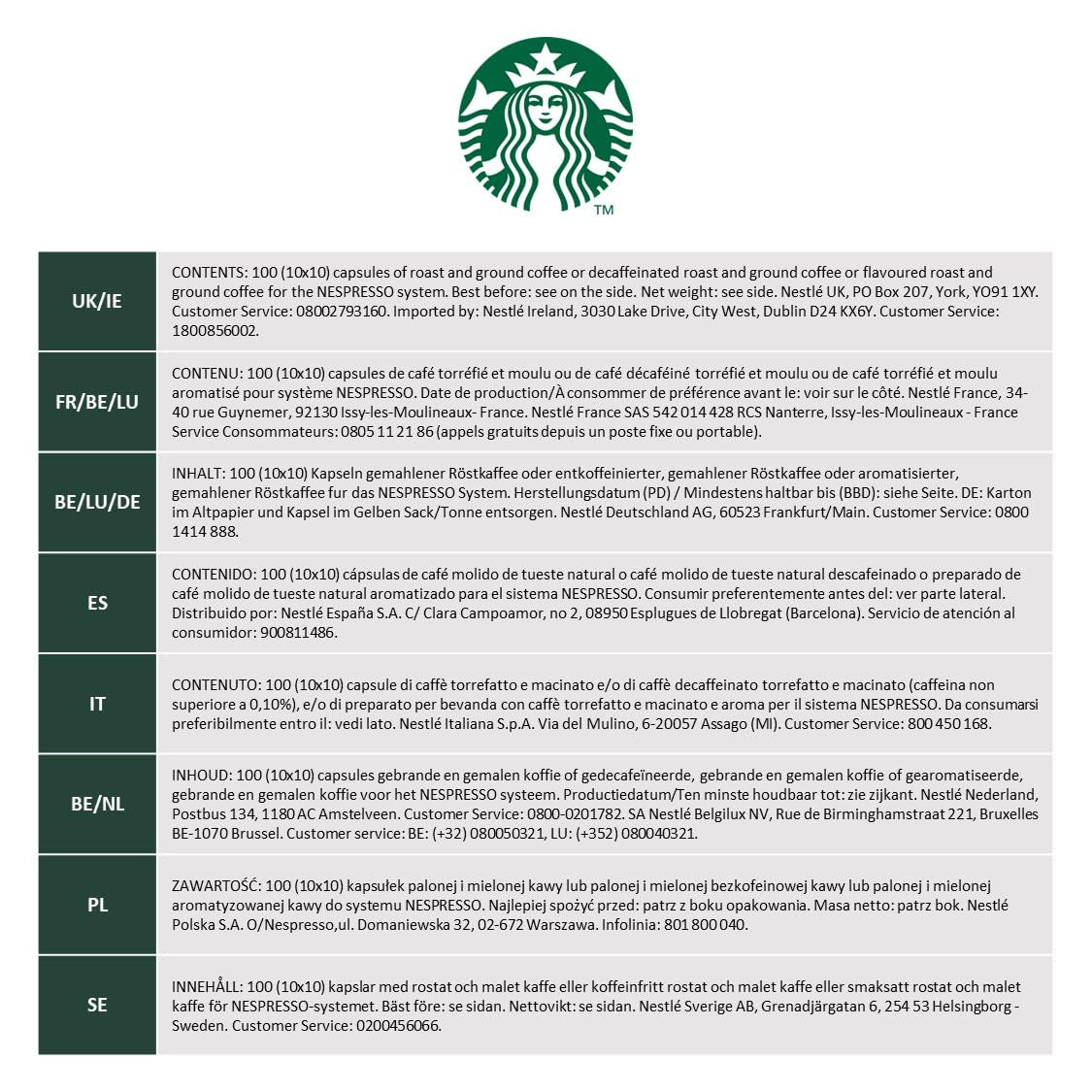 STARBUCKS Caffé Verona by Nespresso, Dunkle Röstung, Kaffeekapseln 10 x 10 (100 Kapseln)