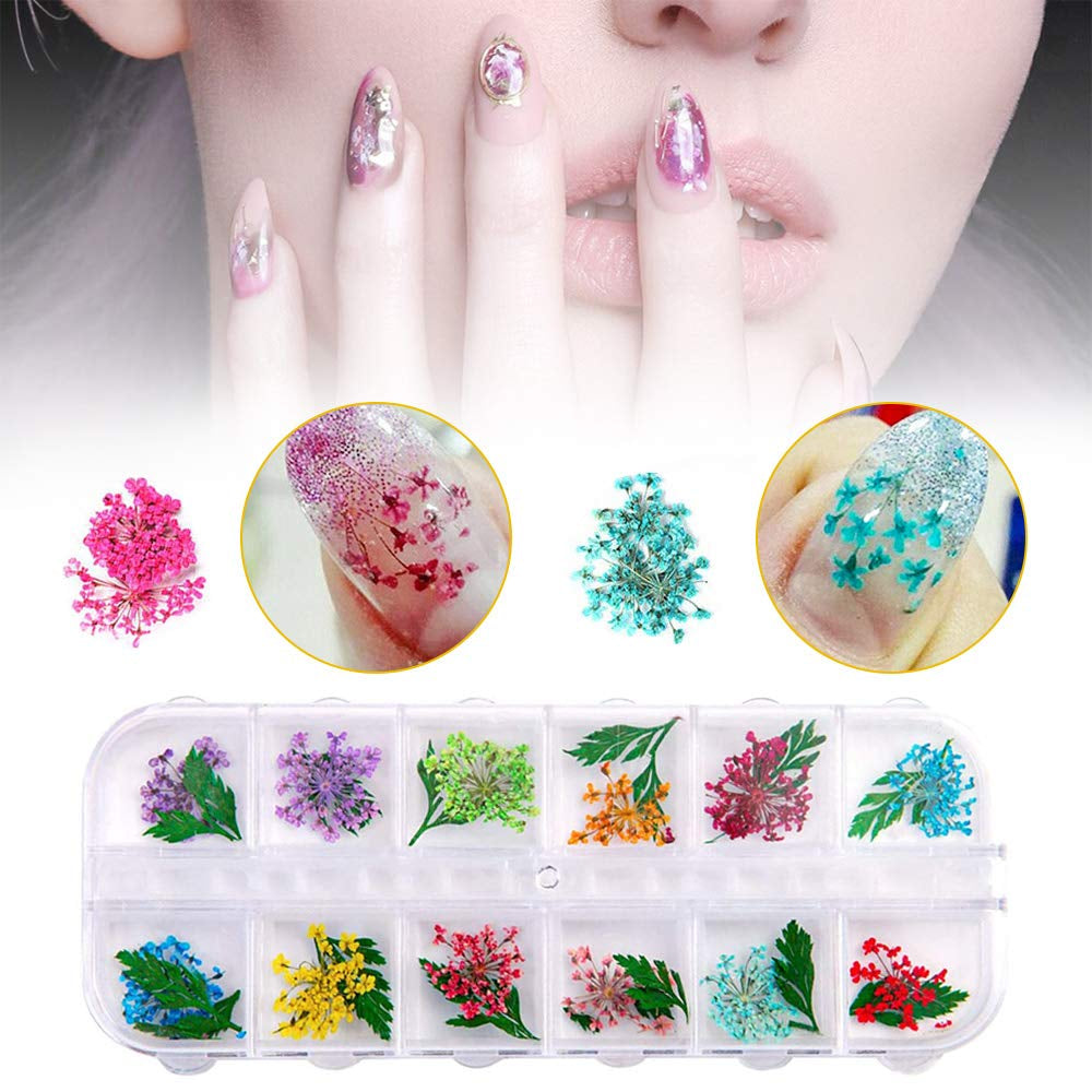 Getrocknete Blüten Nail Sticker, 2 Box 36 Stücke 3D Nail Art Kunstharz Blumen Sticker, Blüten Getrocknet Nagelkunst Trocken Blumen Nagel Zubehör Für Nagel Dekor DIY Design Mit 1 Gebogener Pinzette