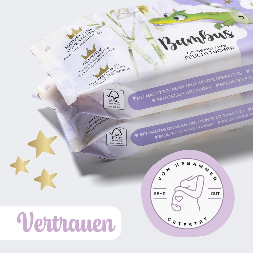 Salviettine umidificate Millis Bamboo Baby Sensitive per la pelle delicata del bambino - 5 x 60 pezzi - Pulizia naturale, delicata e sostenibile - Salviette biodegradabili per neonati, senza plastica e senza alcool