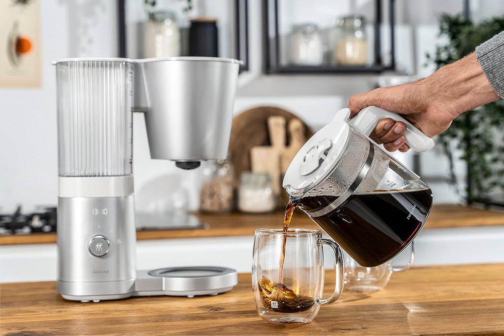 ZWILLING ENFINIGY Espressor cu filtru cu carafă din sticlă de 1,5 l, espressor cu boiler din oțel inoxidabil, funcție Blooming și detartrare inteligentă, plastic, argintiu