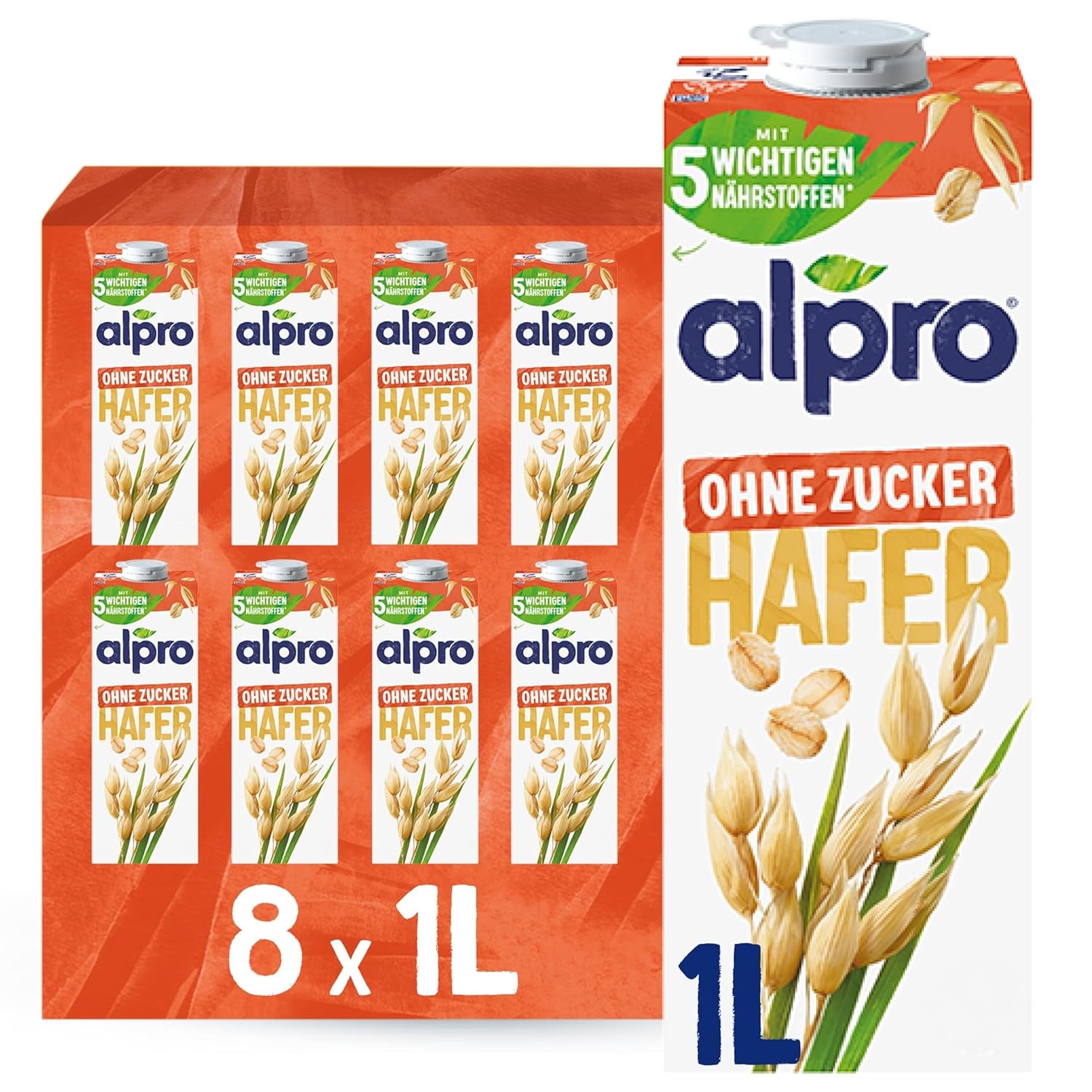Alpro Haferdrink ohne Zucker – Milchalternative auf Haferbasis – Vegan und lactosefrei – Rich an Ballaststoffen, Calcium und Vitaminen – 8 x 1 L