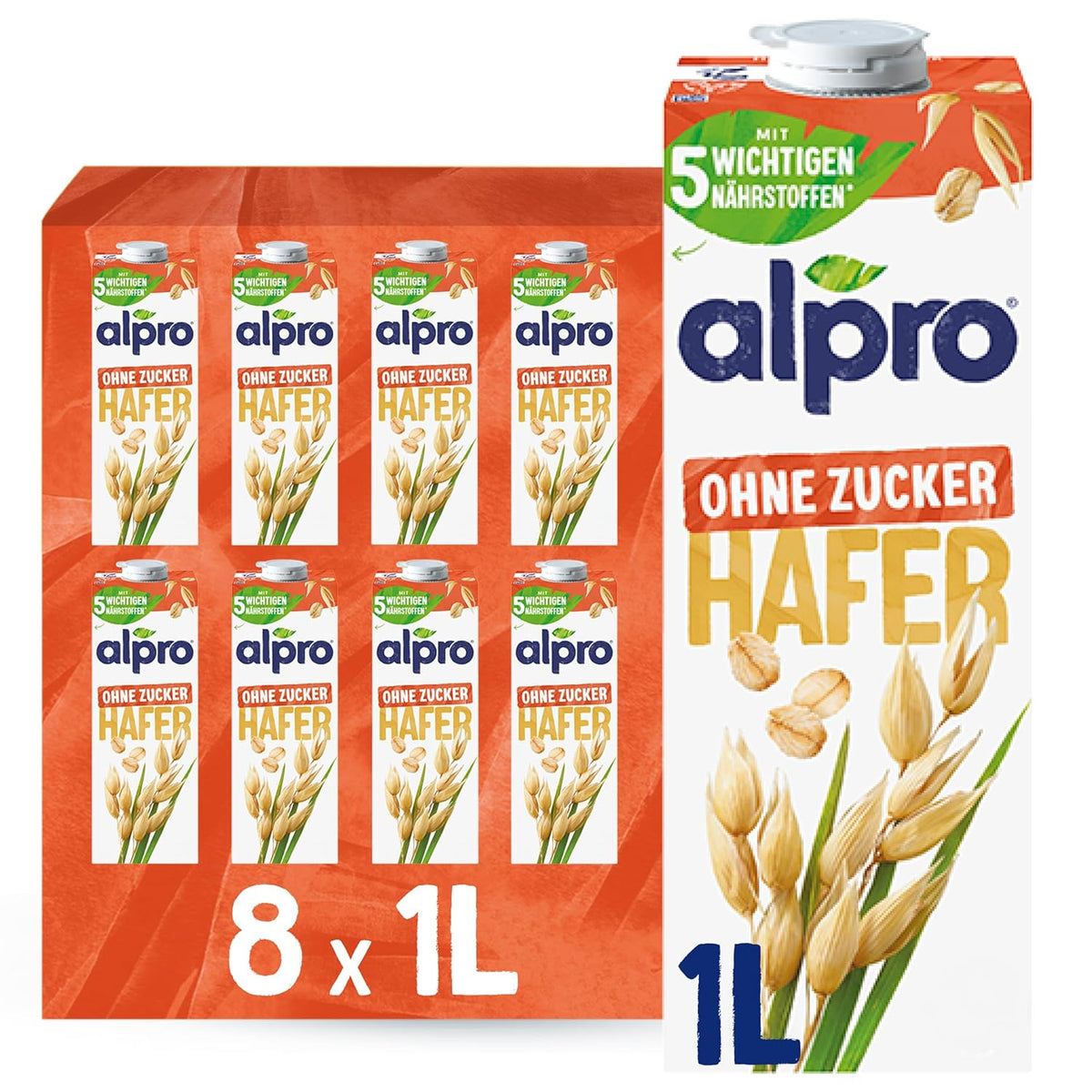 Alpro Haferdrink ohne Zucker – Milchalternative auf Haferbasis – Vegan und lactosefrei – Rich an Ballaststoffen, Calcium und Vitaminen – 8 x 1 L