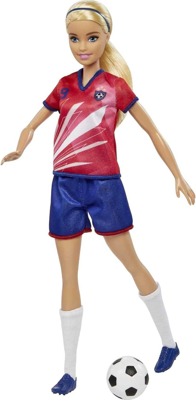 Seria Barbie You Can Be Anything, Jucătoare de fotbal, Jucătoare de fotbal cu păr blond, Tricou roșu și albastru, Minge, Accesorii, Păpușă inclusă, Cadou pentru copii cu vârsta de 3 ani și peste, HCN17