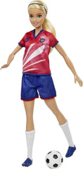 Barbie You Can Be Anything Serie, Fußballspieler, Fußballspieler mit blonden Haaren, rotem und blauem Trikot, Ball, Zubehör, inkl. Puppe, Geschenk für Kinder ab 3 Jahren,HCN17