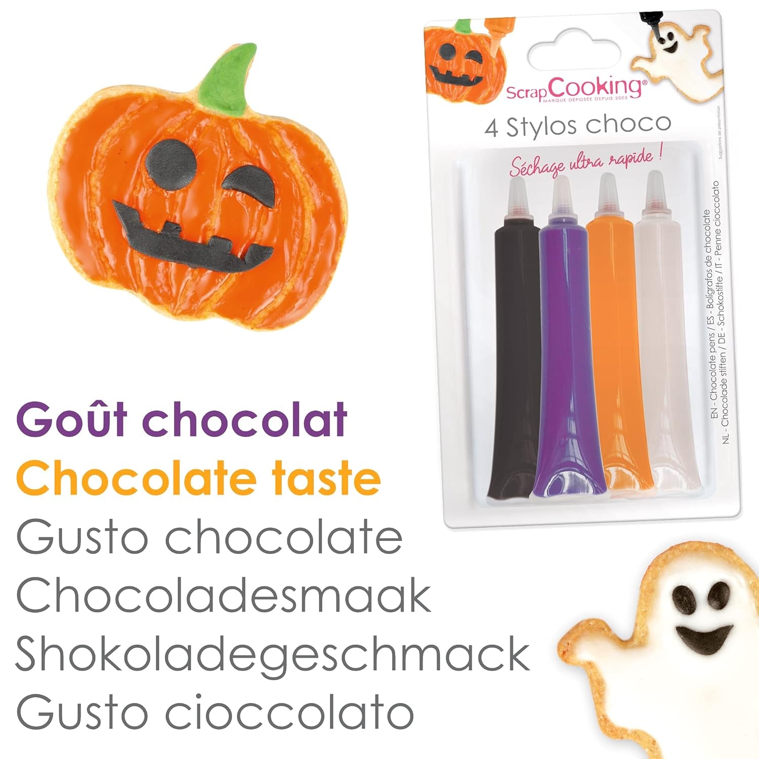 Scrapcooking - Set de 4 creioane colorate de ciocolată pentru Halloween - Negru, portocaliu, violet și alb - Colorant comestibil - Colorant alimentar pentru scris - Scrie și desenează pe deserturi, prăjituri și fursecuri - 7064