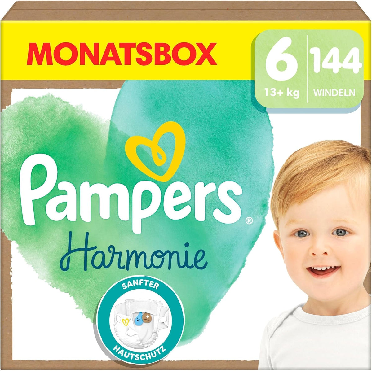 Pannolini Pampers Harmony taglia 6, 144 pannolini, 13 kg+, protezione delicata per la pelle con protezione Pampers al 100%