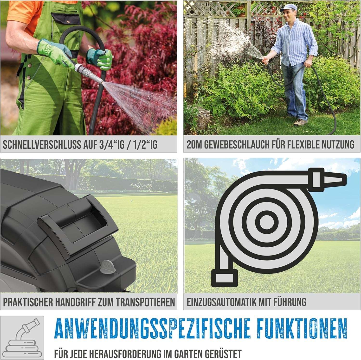 Rolă automată pentru furtun Güde 20-2-2 1/2 (pentru montare pe perete, rotire la 180°, furtun de 20 m, pulverizator de apă, suport de perete, retragere automată, opritor retragere, mâner de transport, 2 cuplaje rapide)