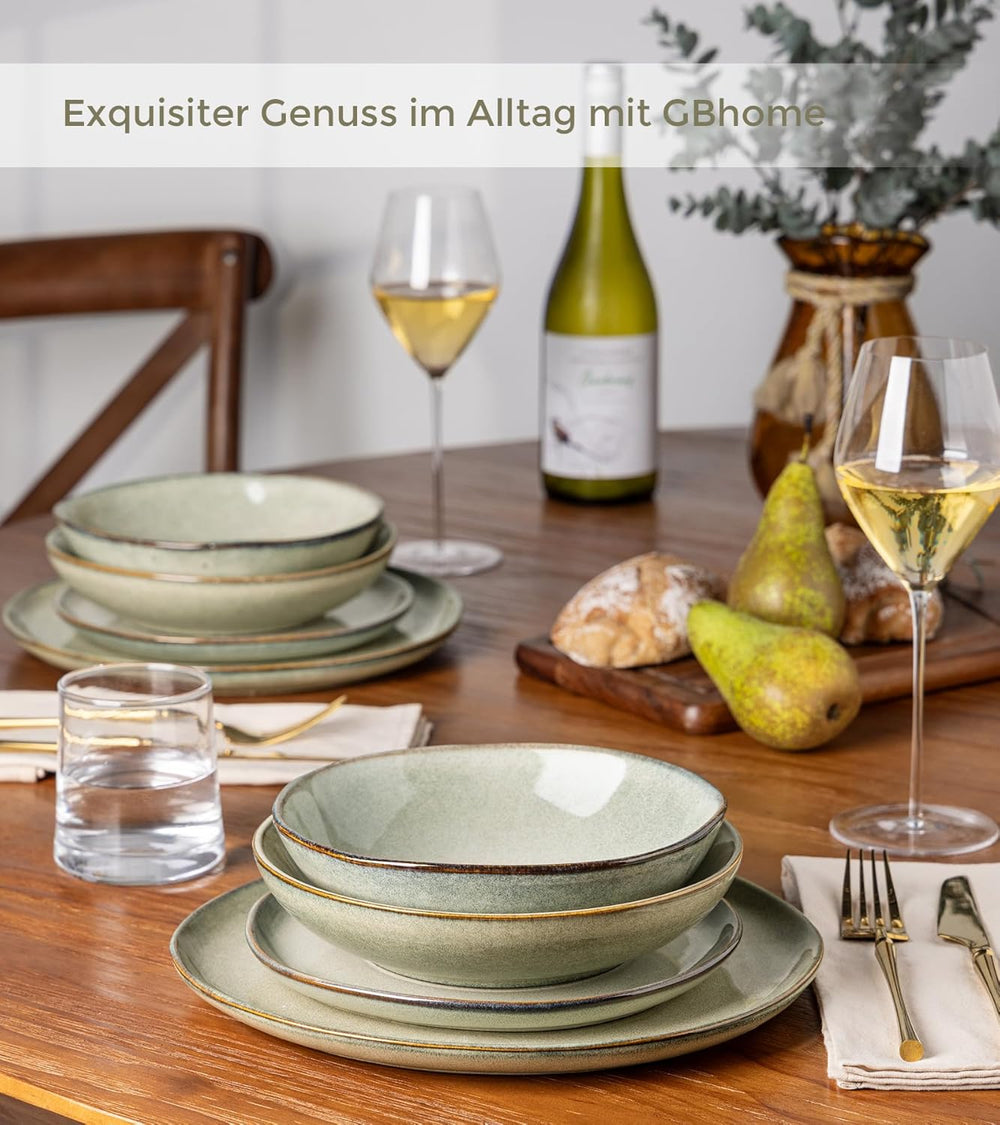Set de veselă GBhome din gresie pentru 6 persoane, 24 de piese, glazură reactivă, lucrat manual, potrivit pentru cuptorul cu microunde și mașina de spălat vase, set de boluri și farfurii, Desret Sage, GDW007GY-24P-EU