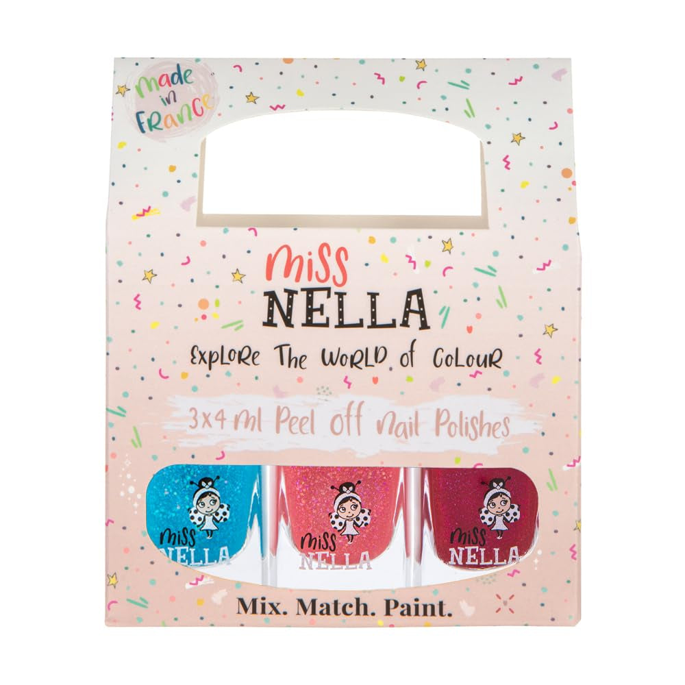 Set di smalti glitterati da 4 pezzi della collezione Miss Nella Magic: rosa, rosso, oro e blu, smalto rimovibile speciale per bambini, non tossico, a base d'acqua, inodore