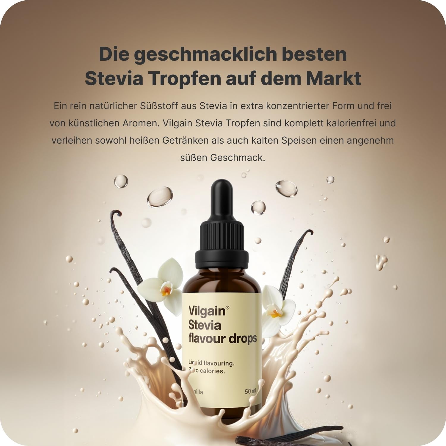 Vilgain Stevia Drops – Natürlicher Kalorienfreier Süßstoff, 5 Geschmacksrichtungen, Ideal Für Getränke, Backen & Diabetiker, Ohne Zucker, Hitzebeständig, Vegan & Ergiebig (50Ml, Vanille) Indulcitori Naty Shop