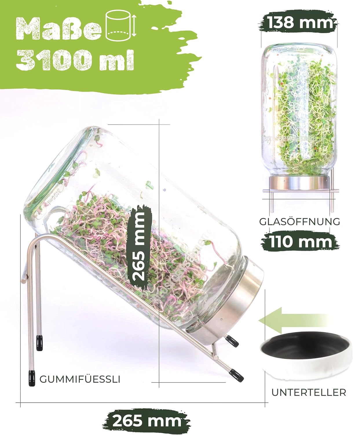 Set di barattoli per la germinazione 3100 ml con set regalo - Organic Fitness Mix, Power Mix e Detox Mix, 75 g ciascuno - Barattolo per la germinazione - incl. coperchio del barattolo, supporto e colino