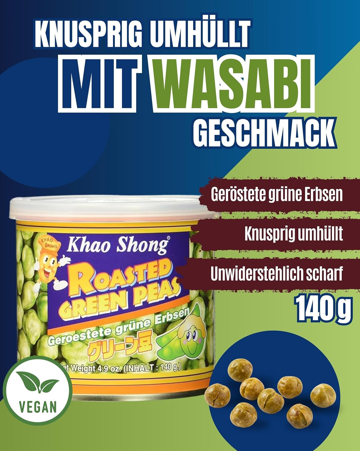 Piselli verdi fritti Khao Shong con wasabi, piselli croccanti in pastella piccante, un'alternativa a basso contenuto di grassi alla frutta secca, mediamente piccante, 1 lattina da 140 g | 140 g (1 confezione)