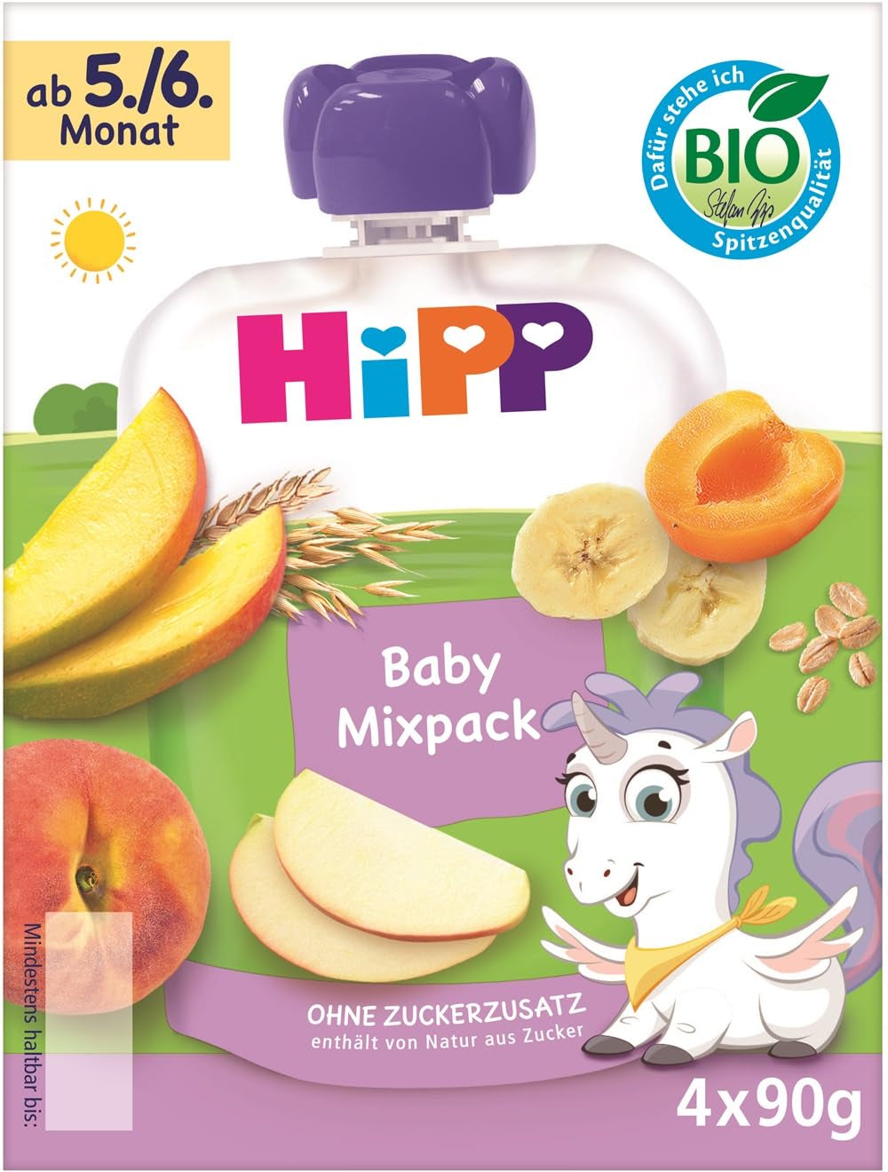 Buste da spremere bio HiPP, confezione mista, 16 pezzi (4 confezioni da 4 x 90 g ciascuna), per bambini 5/6 mesi, quattro gusti deliziosi, senza zuccheri aggiunti, migliore qualità biologica