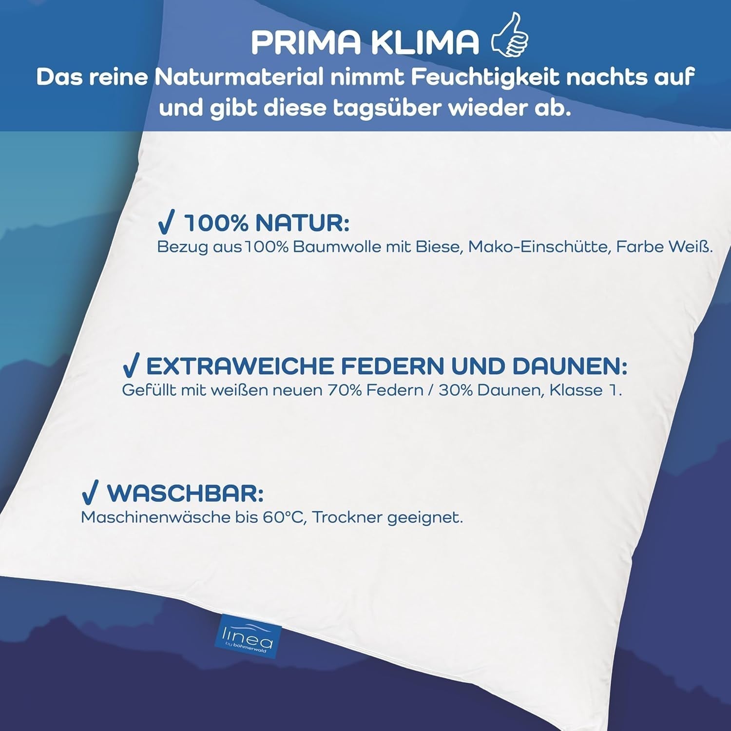 LINEA by Böhmerwald - Cosy - Pernă de înaltă calitate Balance, 40X80, 70% pene clasa 1, 30% puf nou, potrivit pentru alergici, lavabil până la 60°C, produs în Germania Perne standard Naty Shop