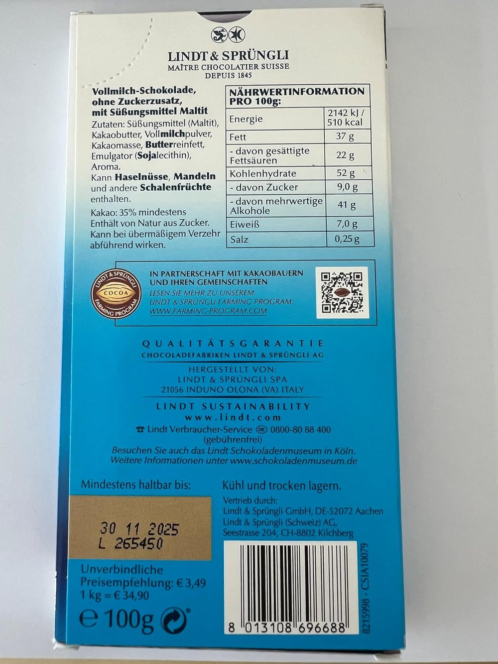 Cioccolato al latte Lindt senza zuccheri aggiunti | Barretta 100g | I migliori e senza glutine | Regalo di cioccolato