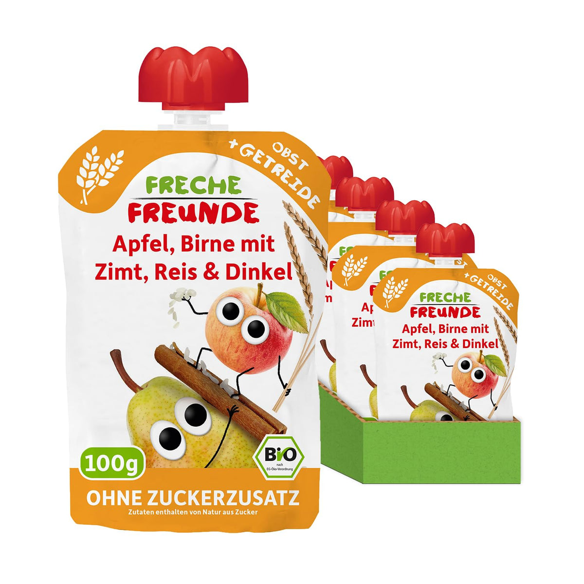 FRECHE FREUNDE Bustina di frutta biologica comprimibile Mela Cannella Pera Riso Farro Purea di frutta con cereali per bambini 6 mesi+ Vegan Confezione da 6 (6 x 100 g)