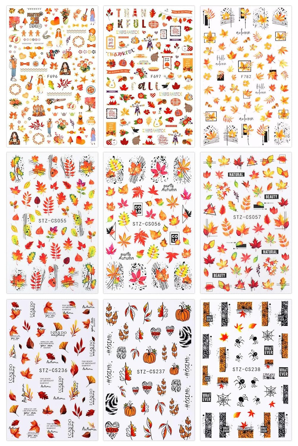 JMEOWIO Nagelsticker Herbst 9 Blatt Nail Art Sticker Selbstklebend Nagelaufkleber Kürbis Ahornblatt Erntedankfest Dekoration Nageldesign Zubehör