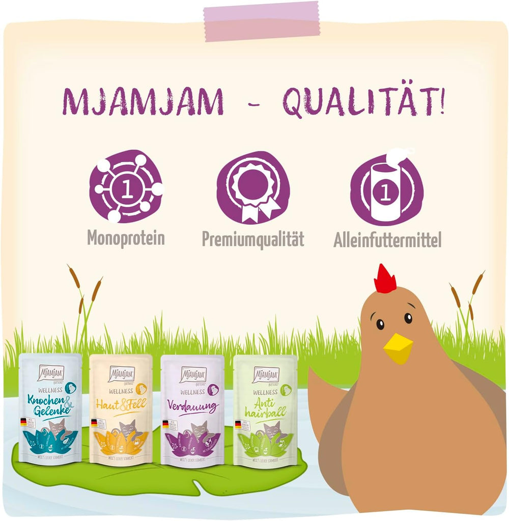 MjAMjAM – Hrană umedă premium pentru pisici - Pachet Wellness cu pui, pachet de 12 (12 x 125 g), fără cereale cu carne suplimentară