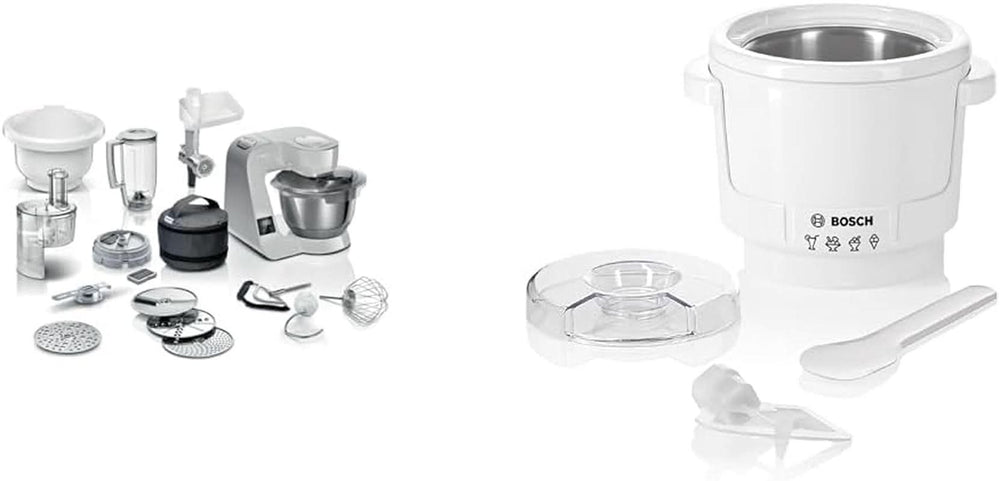 Robot da cucina Bosch Serie 4 MUM5X720, bilancia integrata, ciotola in acciaio inox 3,9 L, mixer 1,25 L, 1000 W Accessori Alimenti e Allattamento Bebe Naty Shop Confezione con fabbricatore di ghiaccio Silver Grey 6 accessori