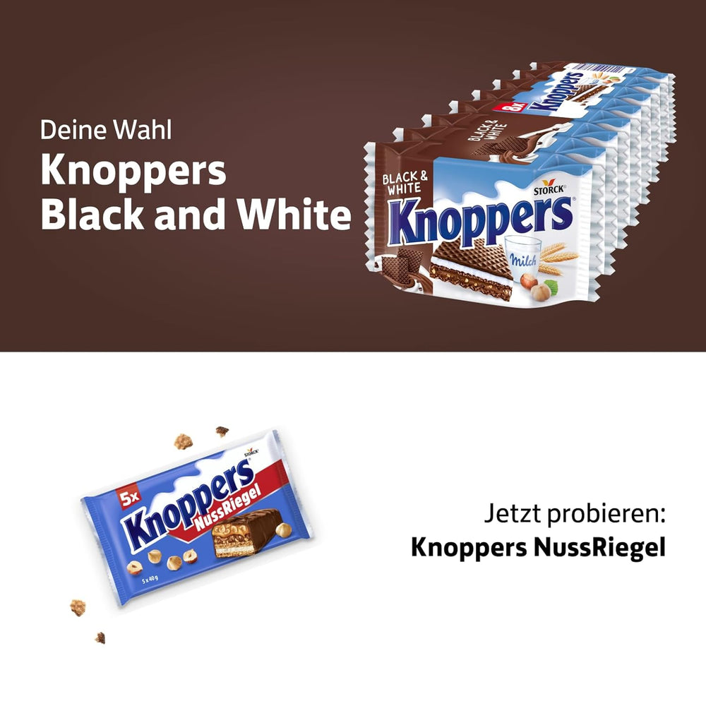 Knoppers Bianchi e Neri – 8 x 25g – Fette di wafer ripiene di wafer al cacao fondente, pezzetti di biscotti neri, crema al latte e torrone