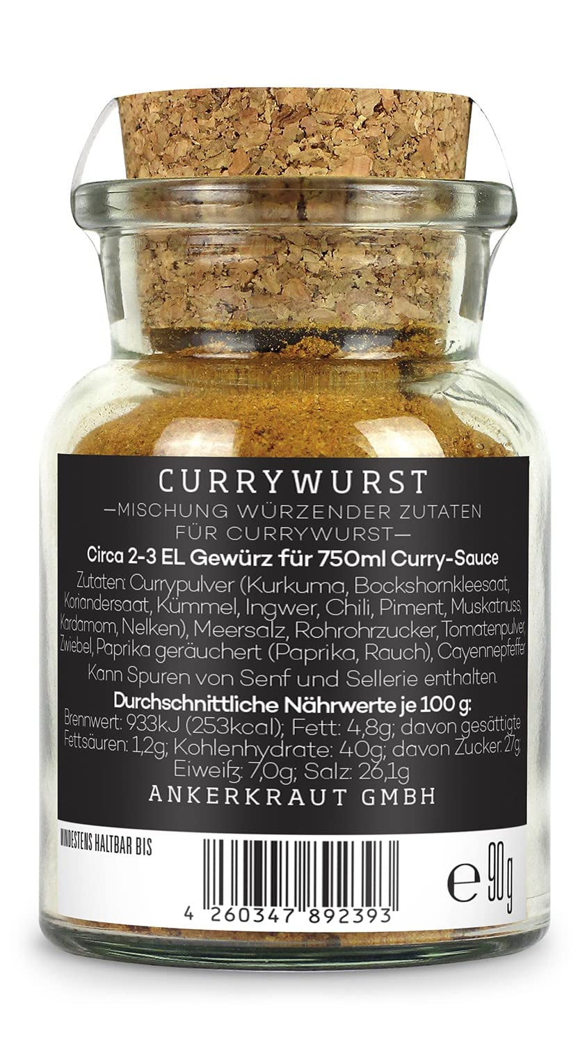 Ankerkraut Currywurst, 90g in vetro di sughero, Gewürzmischung zum Anmischen selbstgemachter Currywurst-Sauce oder als Topping