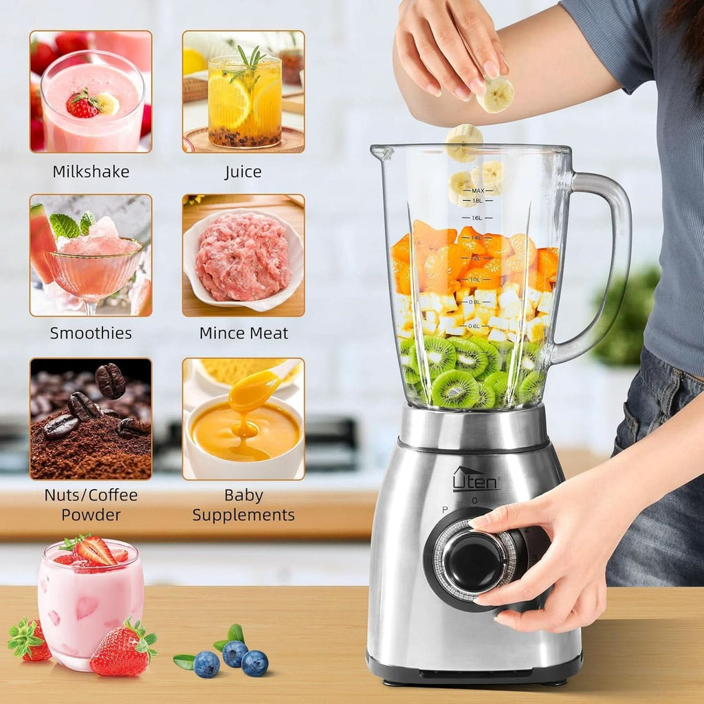 Uten Standmixer 2L, 1800 W Mixer Hochleistungsmixer, Pulse Und 5 Geschwindigkeiten, Edelstahlgehäuse, 6 Klingen, Macht Milchshake-Smoothies, Mahlbare Kaffeebohnen Mama si Copilul Naty Shop