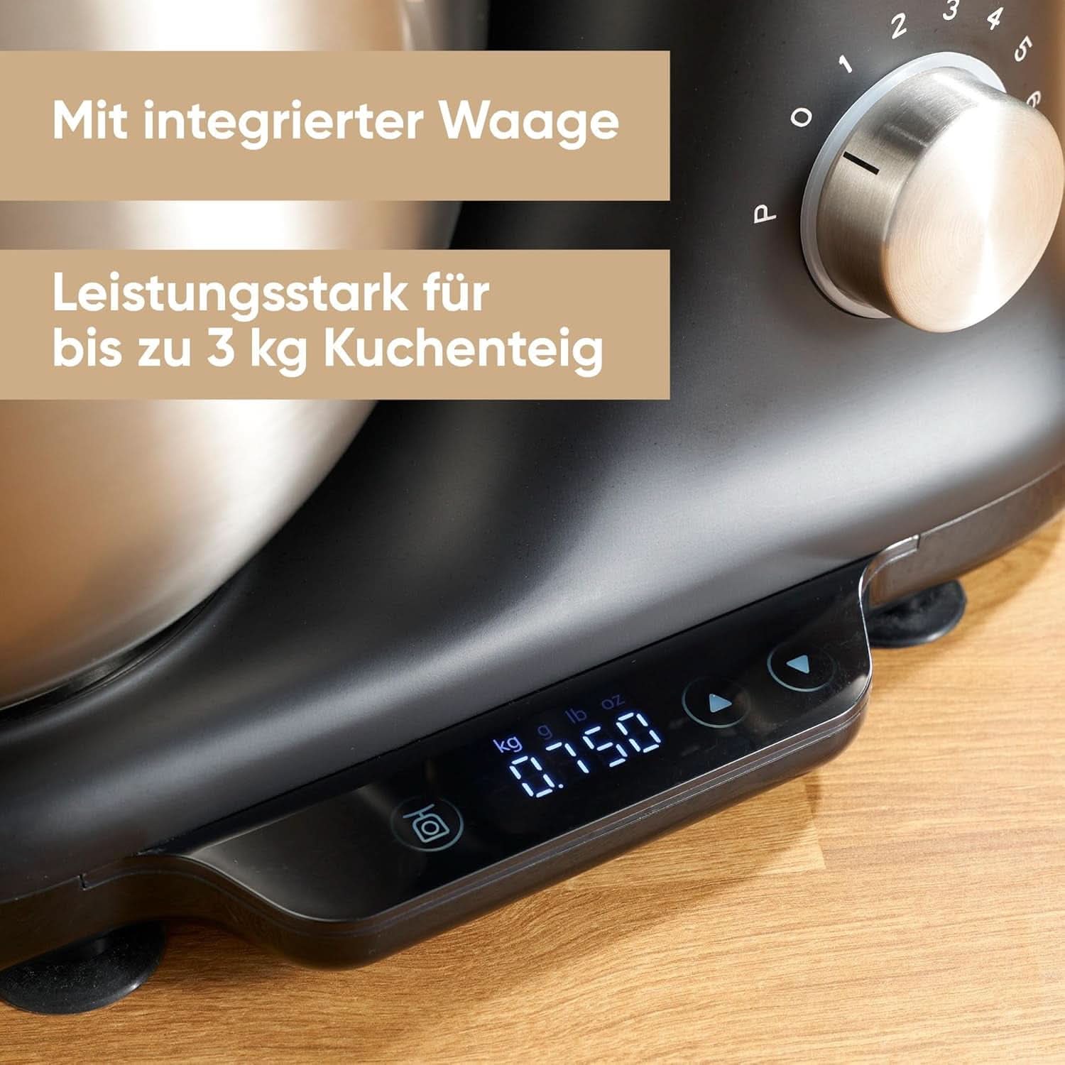 SEVERIN Küchenmaschine Mit Waage, Große Knetmaschine Für Bis Zu 3 Kg Kuchenteig, Robuste Teigmaschine Mit Knethaken, Flachrührer Und Schneebesen, 1.000 W, Schwarz, Matt,Edelstahl, KM 3898 Mama si Copilul Naty Shop