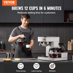 VEVOR Espressor comercial cu filtru pentru 12 căni, espressor cu 3 carafe de sticlă și 3 plăci de încălzire, espressor din oțel inoxidabil cu alimentare automată cu apă, pentru restaurante, birouri, cafenele