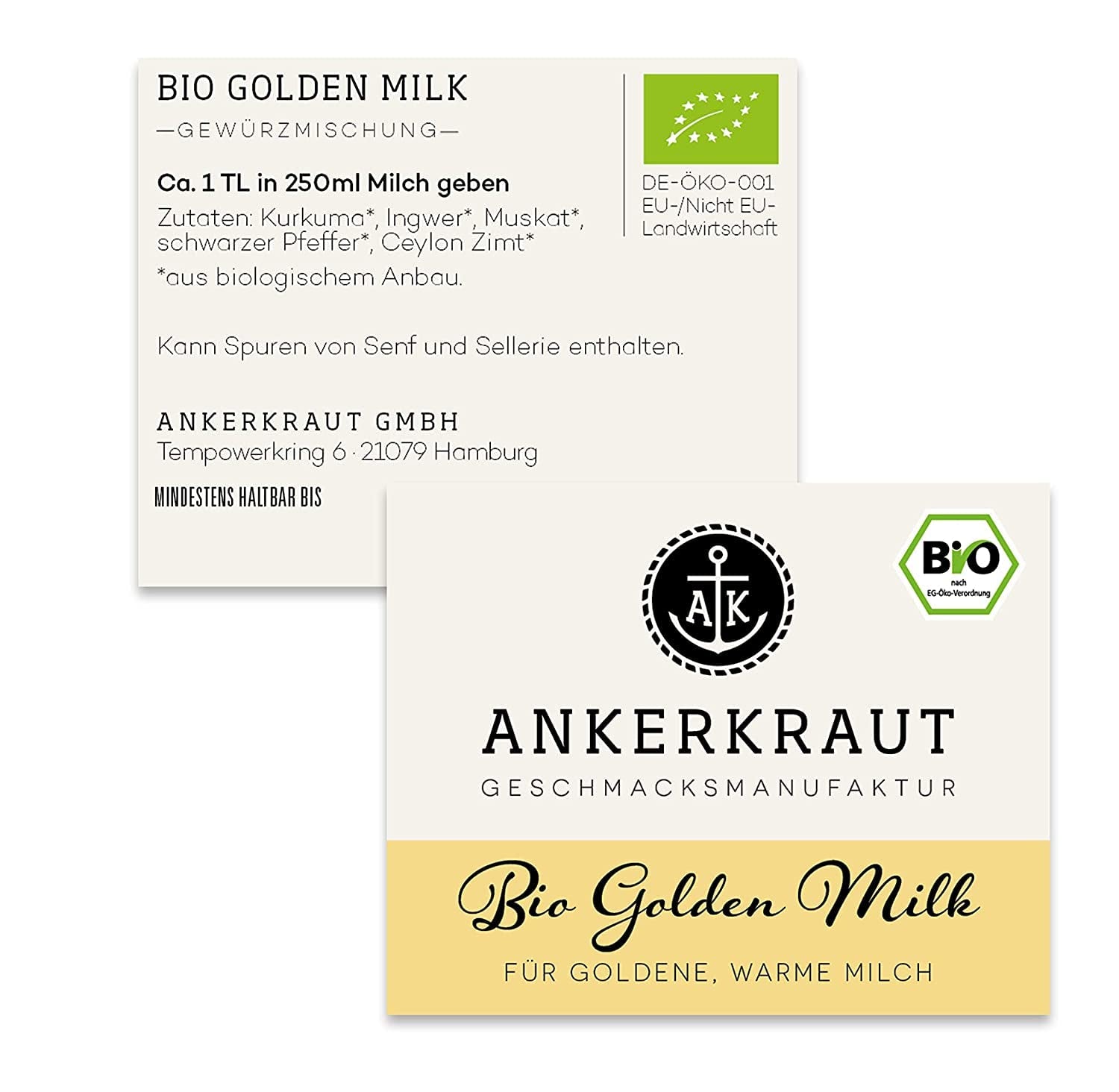 Ankerkraut Bio Golden Milk, Gewürz für goldene Milch, con curcuma, Zimt und Ingwer, 75 g in bicchiere di sughero