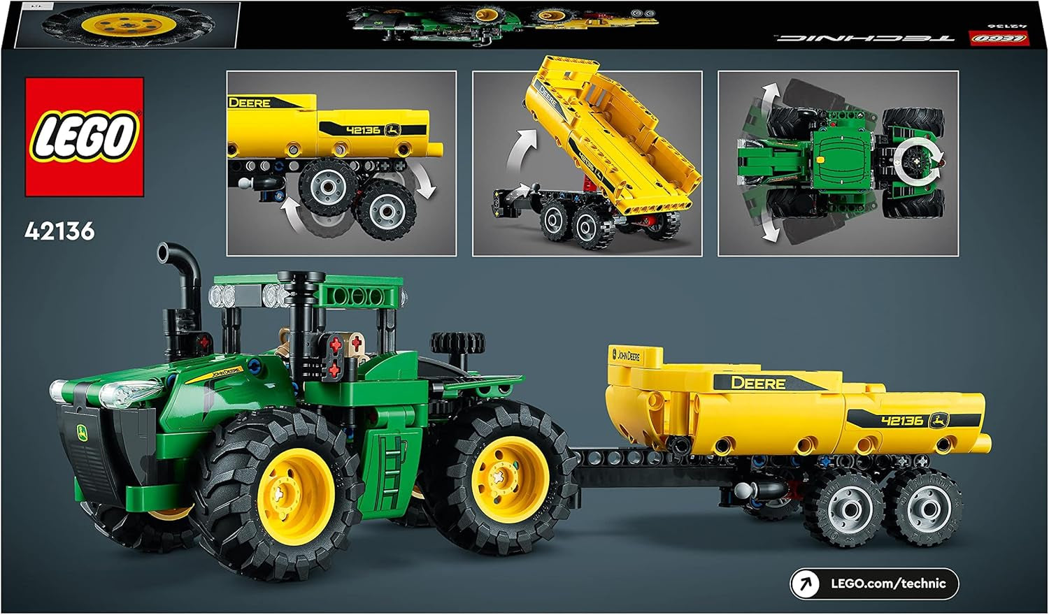 LEGO Technic John Deere 9620R Trattore 4WD con rimorchio ribaltabile Classico giocattolo agricolo per bambini Ragazzi e ragazze Kit modello da collezione di 8 anni 42136 Set di costruzione Acquista il negozio LEGO