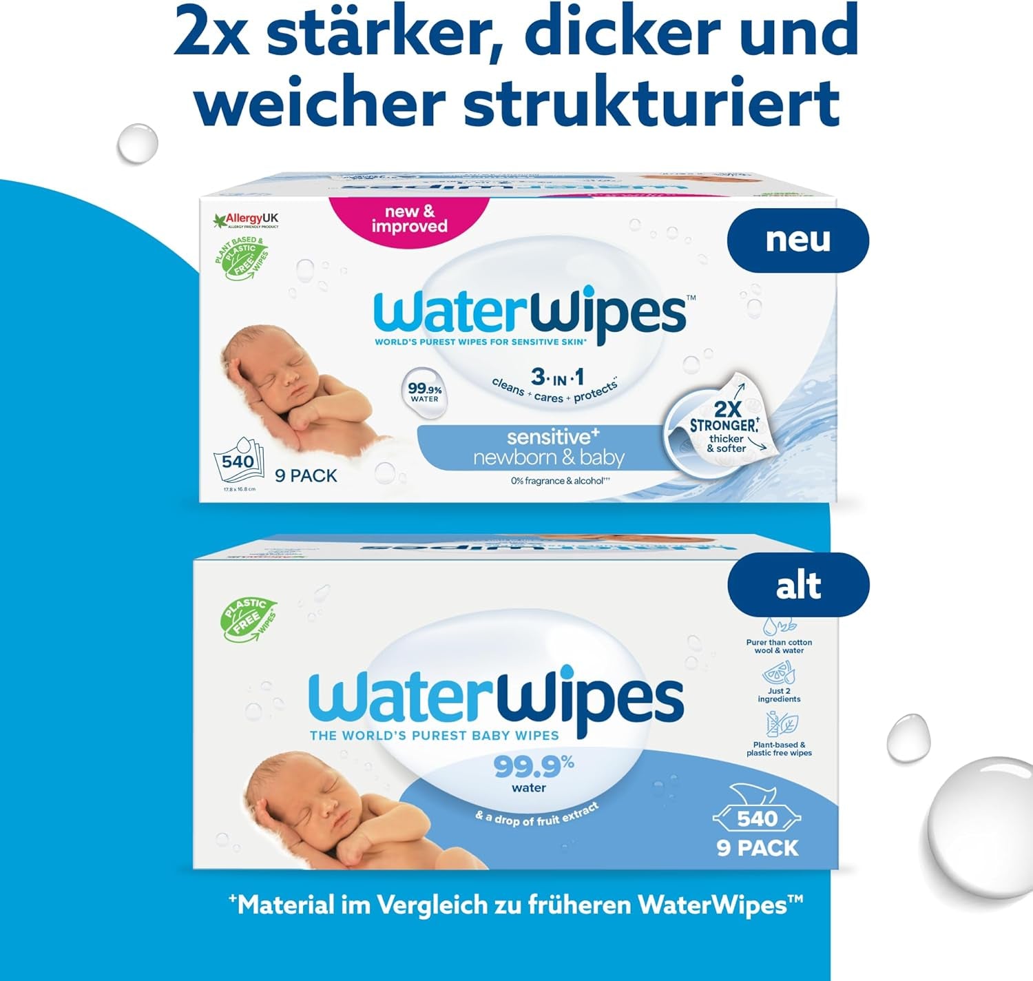 Salviette umidificate WaterWipes Sensitive+ per neonati e bambini, 540 pezzi (9 confezioni), pulizia 3 in 1, cura, protezione, 99,9% acqua, senza profumo