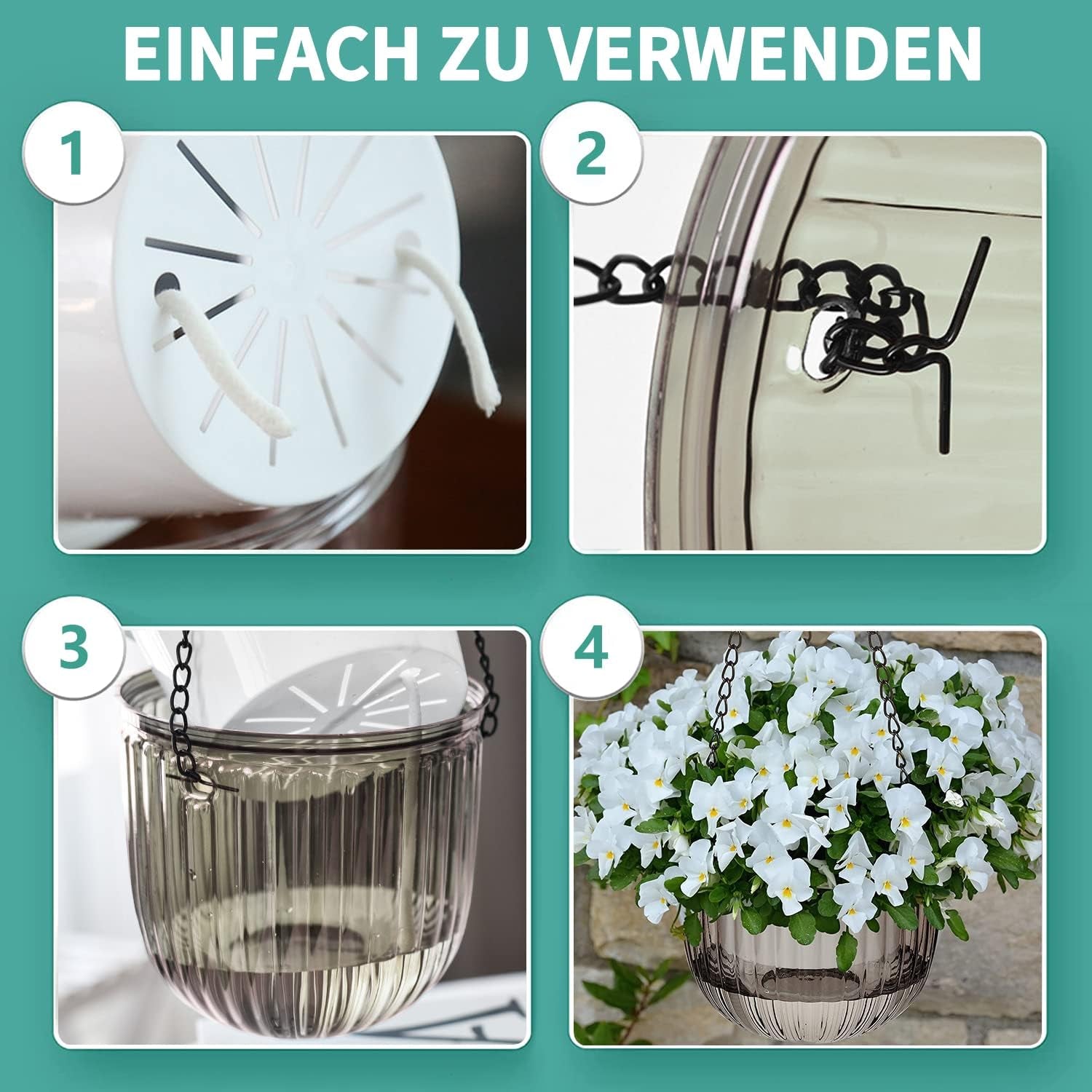 Set di 2 fioriere sospese autoirriganti, vaso da fiori sospeso per interni da 16,5 cm con 3 ganci e fori di drenaggio per uso interno ed esterno, decorazione per soffitto, balcone e parete (Grigio)