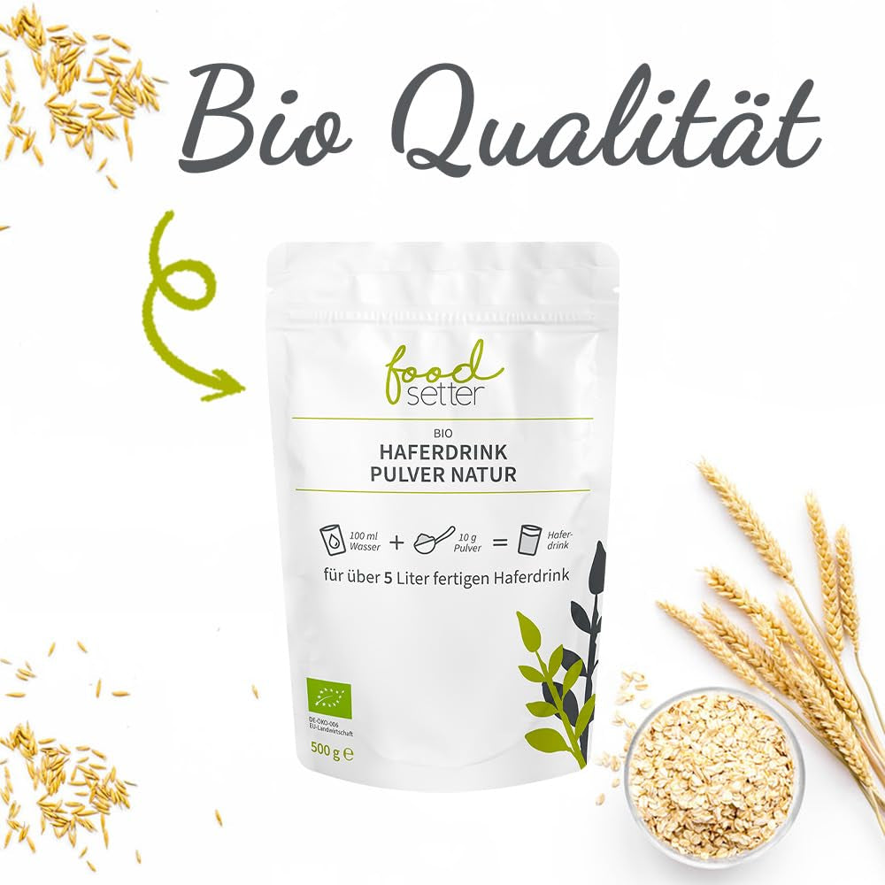 foodsetter Bio Haferdrink Pulver | Busta da 500 g | Haferpulver | Haferpulver istantaneo | Bio-Qualità | Vegano | Senza glutine | Ohne Zuckerzusatz | 0,5 chilogrammi