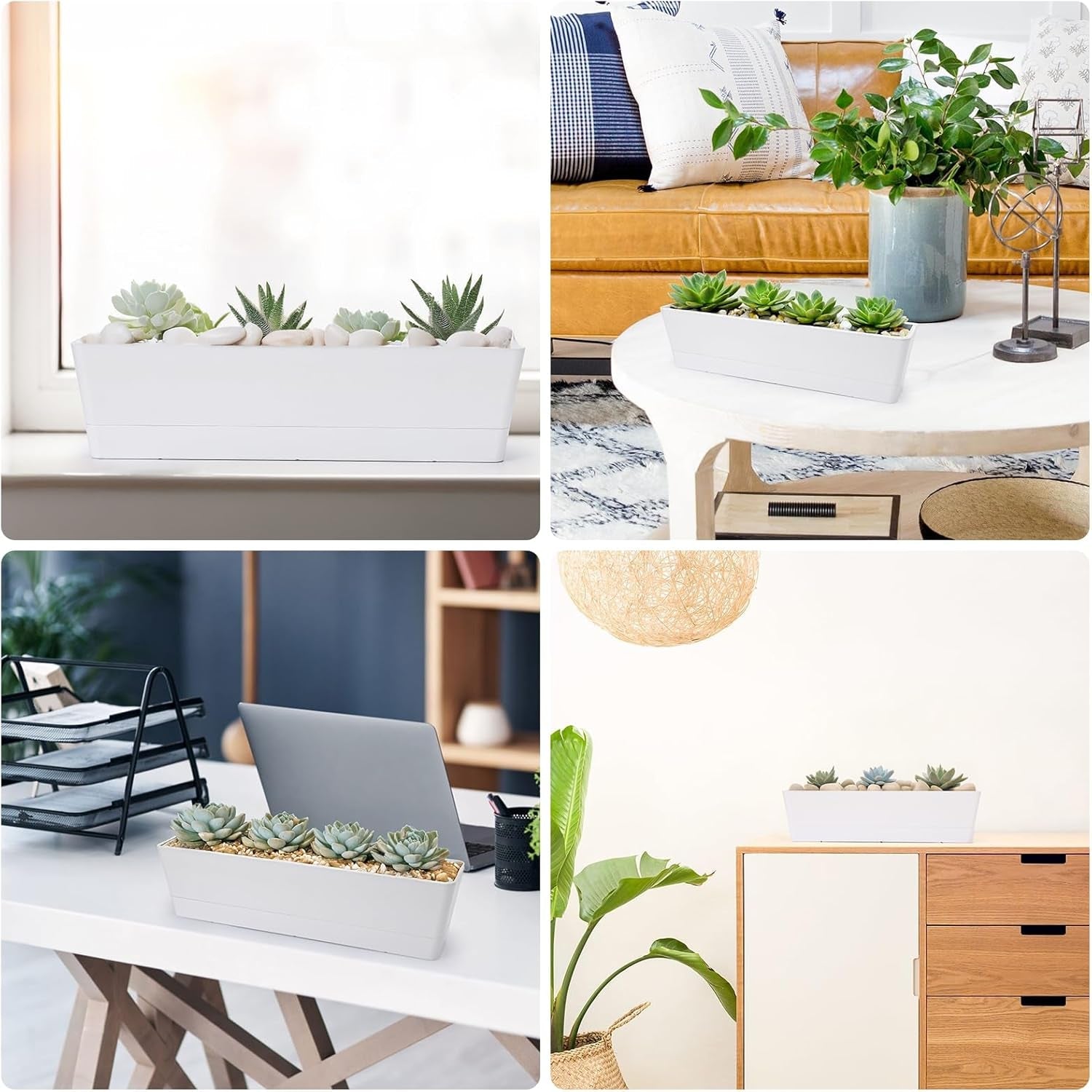 Set de 3 ghivece dreptunghiulare (40,6 × 9,7 cm) cu farfurioare – ghivece albe din plastic pentru ierburi, flori, legume – pentru balcon, grădină, pervaz, interior și exterior