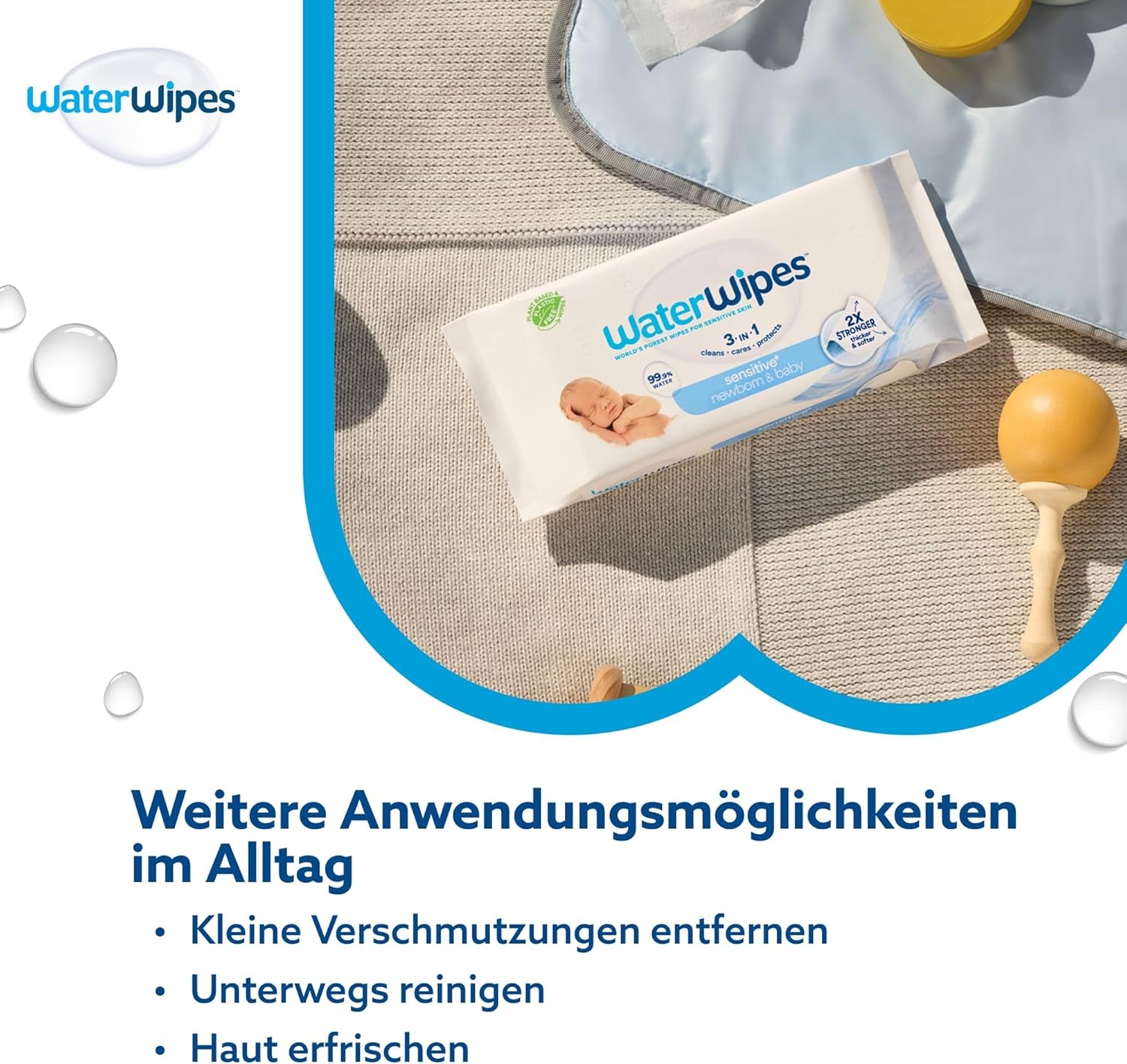 Salviette umidificate WaterWipes Sensitive+ per neonati e bambini, 540 pezzi (9 confezioni), pulizia 3 in 1, cura, protezione, 99,9% acqua, senza profumo
