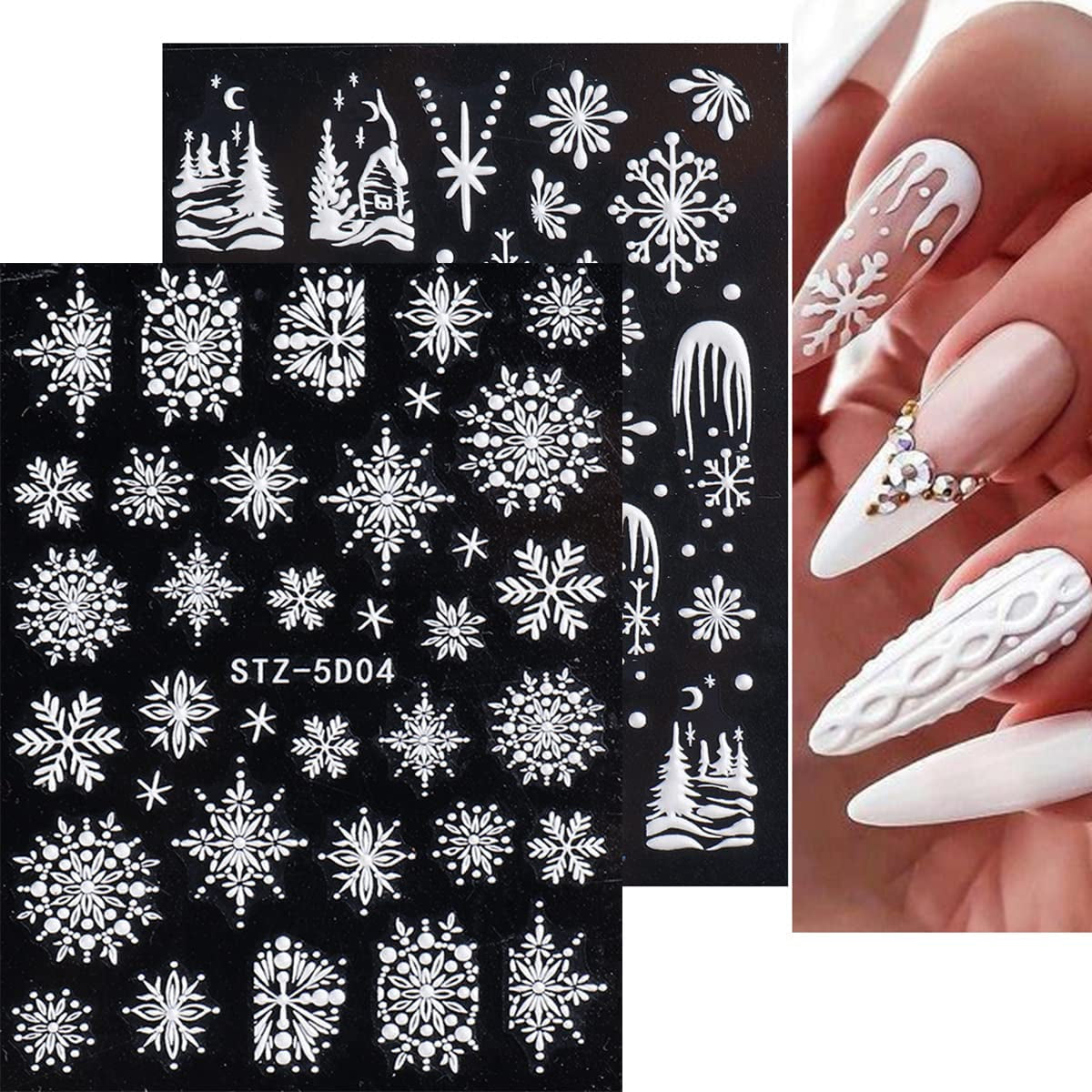4 Blatt 3D Nagelsticker Weihnachten Nagelaufkleber Christmas 5D Stereoskopisch Selbstklebend Schneeflocke Schneemann Nail Art Sticker Dekoration Nageldesign Zubehör