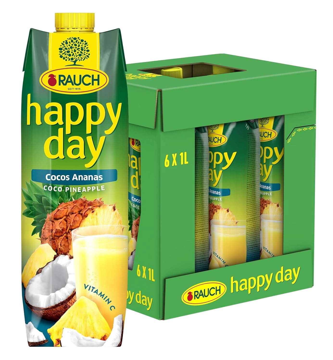 Rauch Happy Day Cocco-Ananas | Un viaggio ai Caraibi | Succo di frutta di ananas e acqua di cocco | 6 x 1 litro, Tetra Prisma Bevande analcoliche Naty Shop