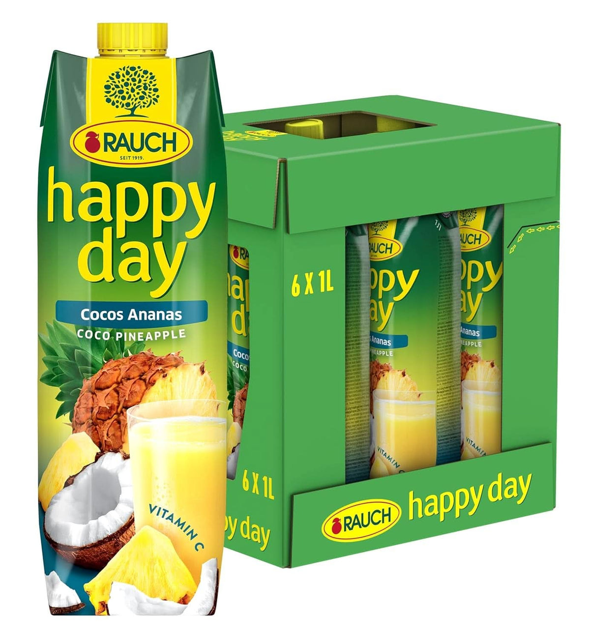 Rauch Happy Day Cocco-Ananas | Un viaggio ai Caraibi | Succo di frutta di ananas e acqua di cocco | 6 x 1 litro, Tetra Prisma Bevande analcoliche Naty Shop