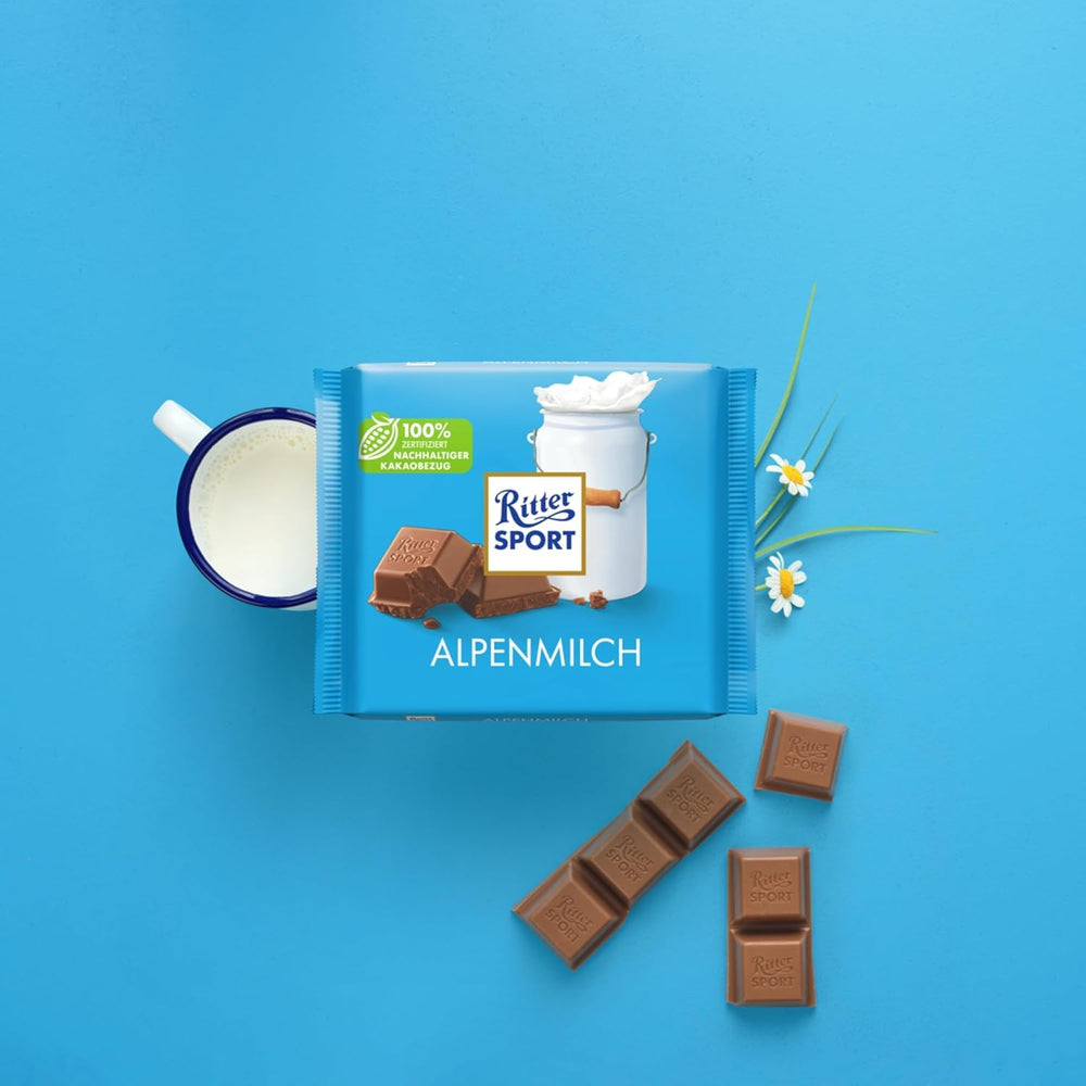 Ritter Sport 250g Cioccolato al latte alpino, Il miglior cioccolato al latte intero dal gusto cremoso, Cioccolato classico da condividere con gli amici, 11 barrette x 250g