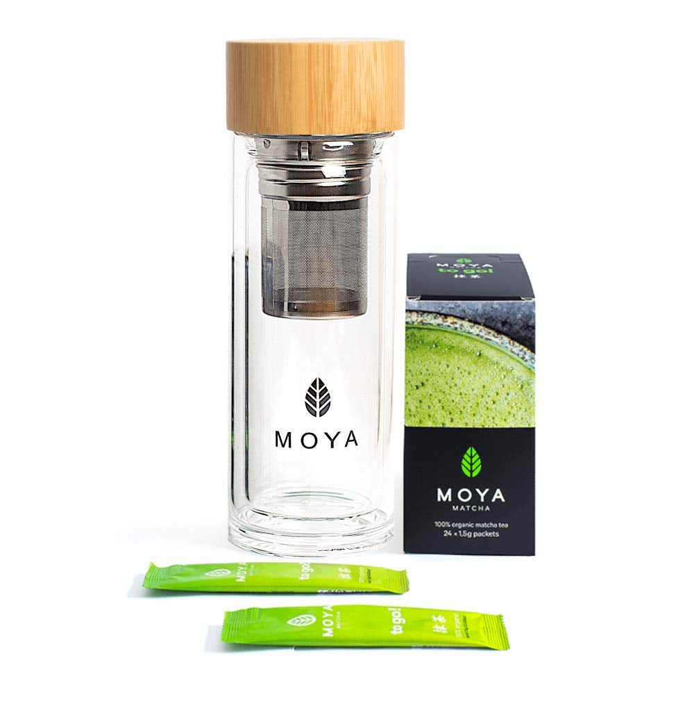 Moya Matcha to Go! Organic | Cutie cu 24 de pachete de 1,5 g | Matcha to Go! Ceai sau inclus cu un shaker de sticlă (24 bucăți x 1,5 g Matcha to Go Sticks)