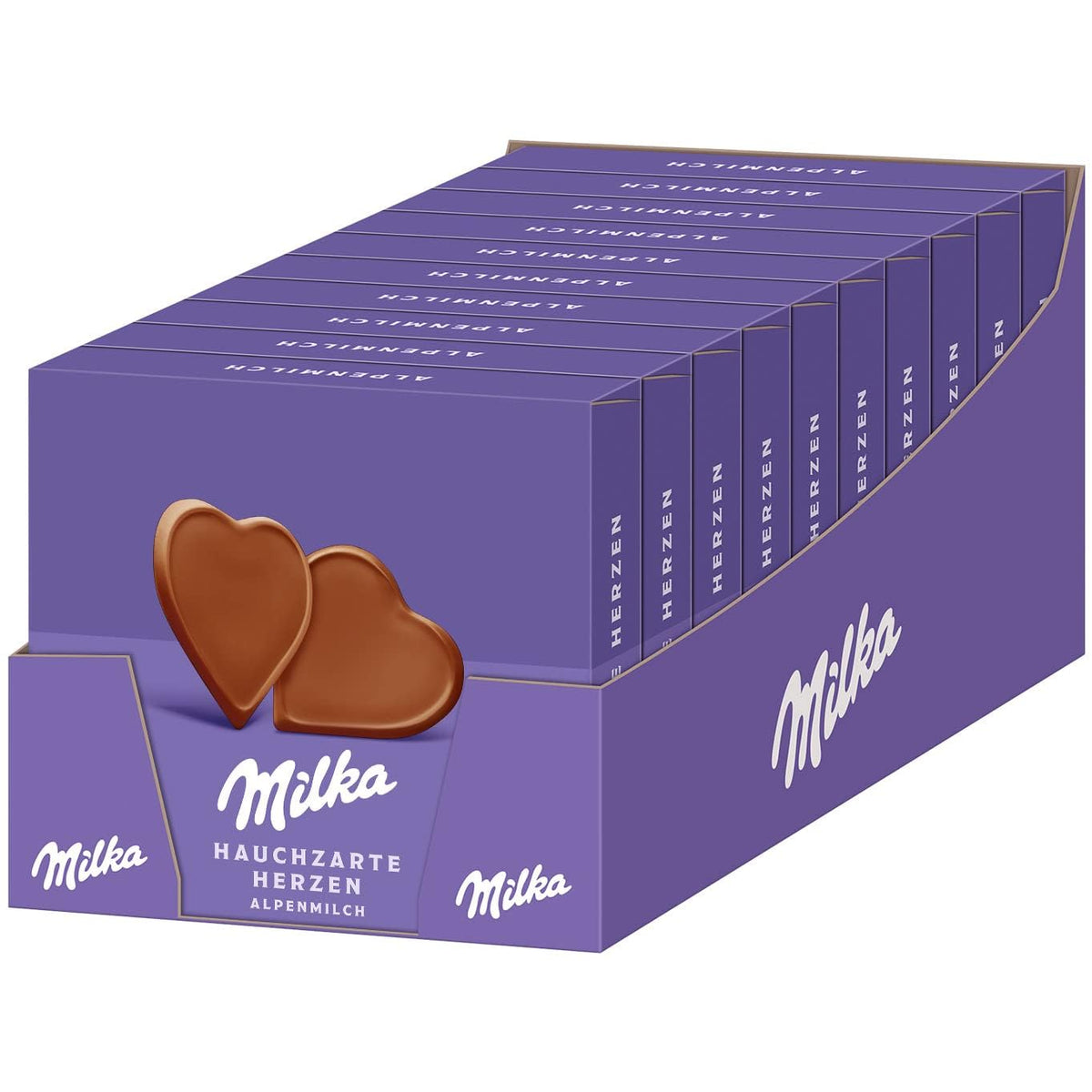 Milka I love Milka Hearts – Cioccolato al latte alpino che si scioglie in bocca e pregiate nocciole di bosco – 10 x 130g