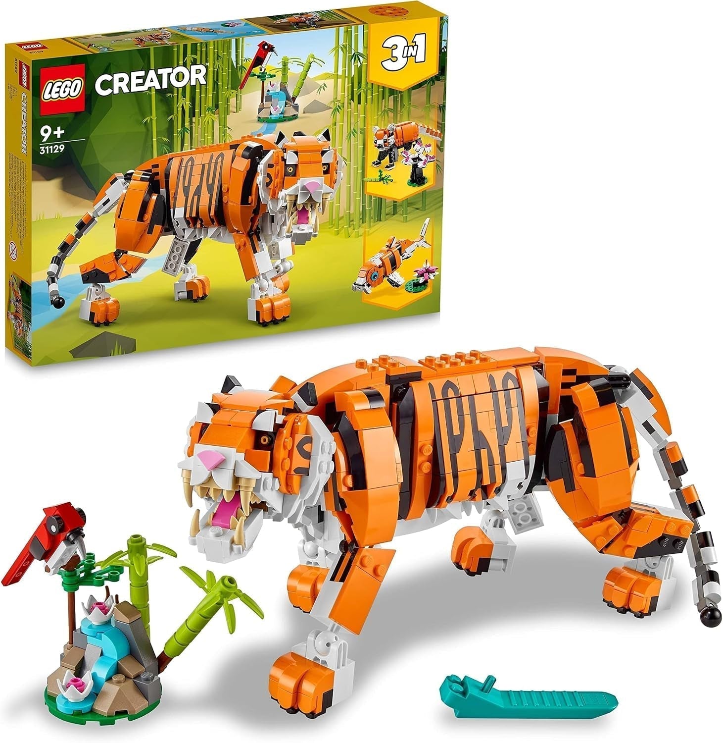LEGO 31129 Creator Majestic Tigre, Panda o Pesce 3 in 1 Set di personaggi di animali Giocattolo per bambini Ragazzi e ragazze Set di costruzione di giocattoli per la costruzione di animali Acquista il LEGO-Store Single