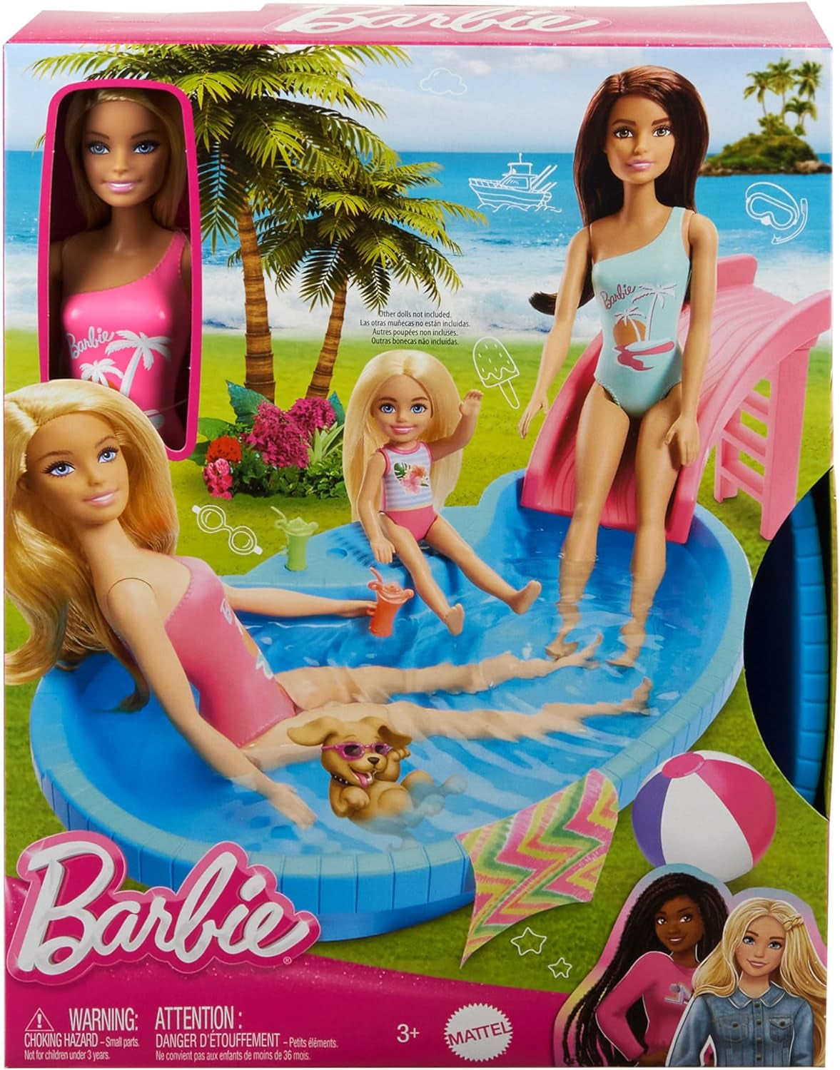 Bambola Barbie e accessori - piscina con scivolo e accessori per ore di divertimento al sole, costume da bagno rosa con design tropicale, per bambini da 3 anni, HRJ74 Naty Shop Dollhouses