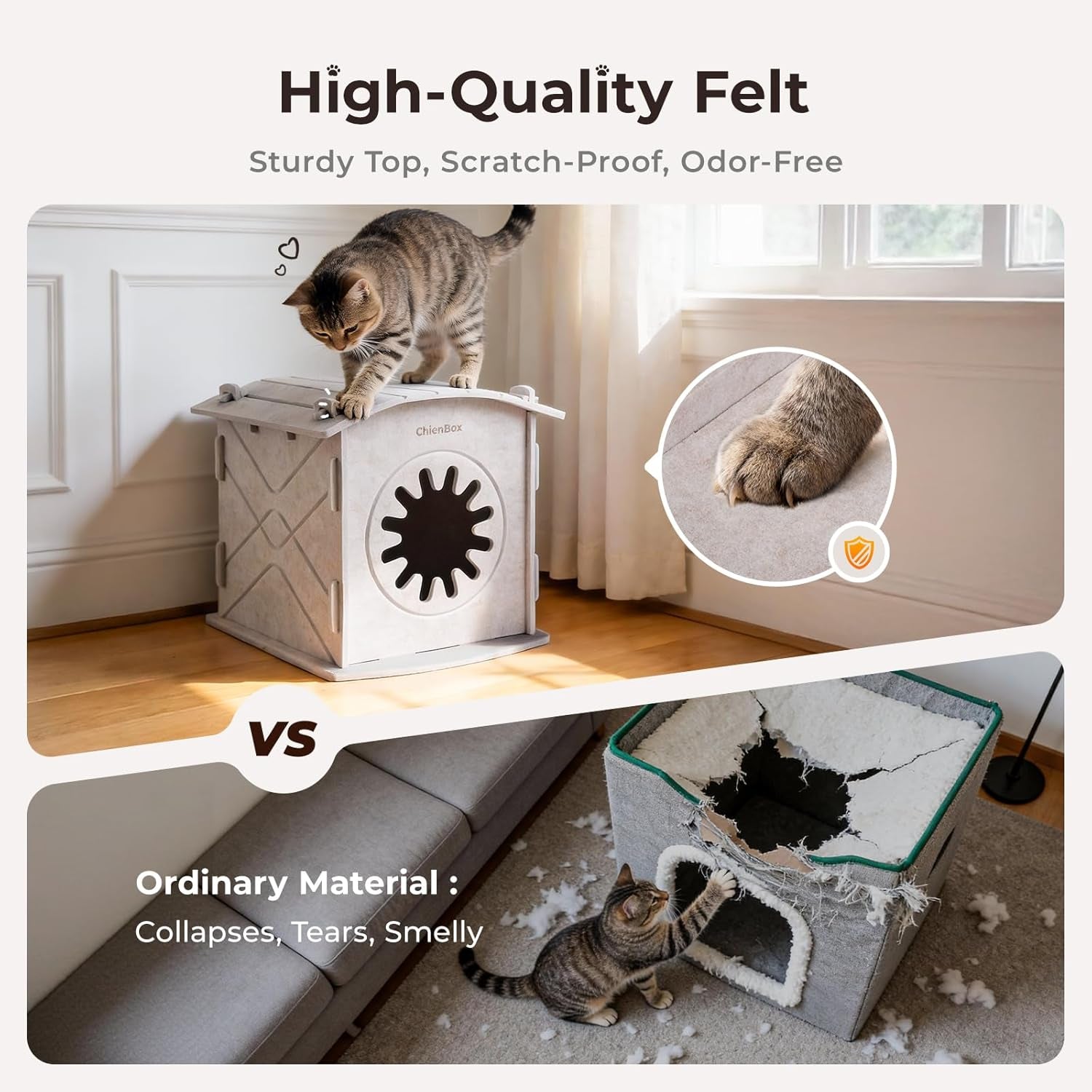 Katzenhaus Indoor aus Filz: Warmes Und Gemütliches Katzenbett, Katzenhöhle mit beruhigendem Kratzbogen, Robuste & Kratzfeste Katze Höhle, Abnehmbares Katzen Bett, Katzen Haus 38 x 36 x 38cm