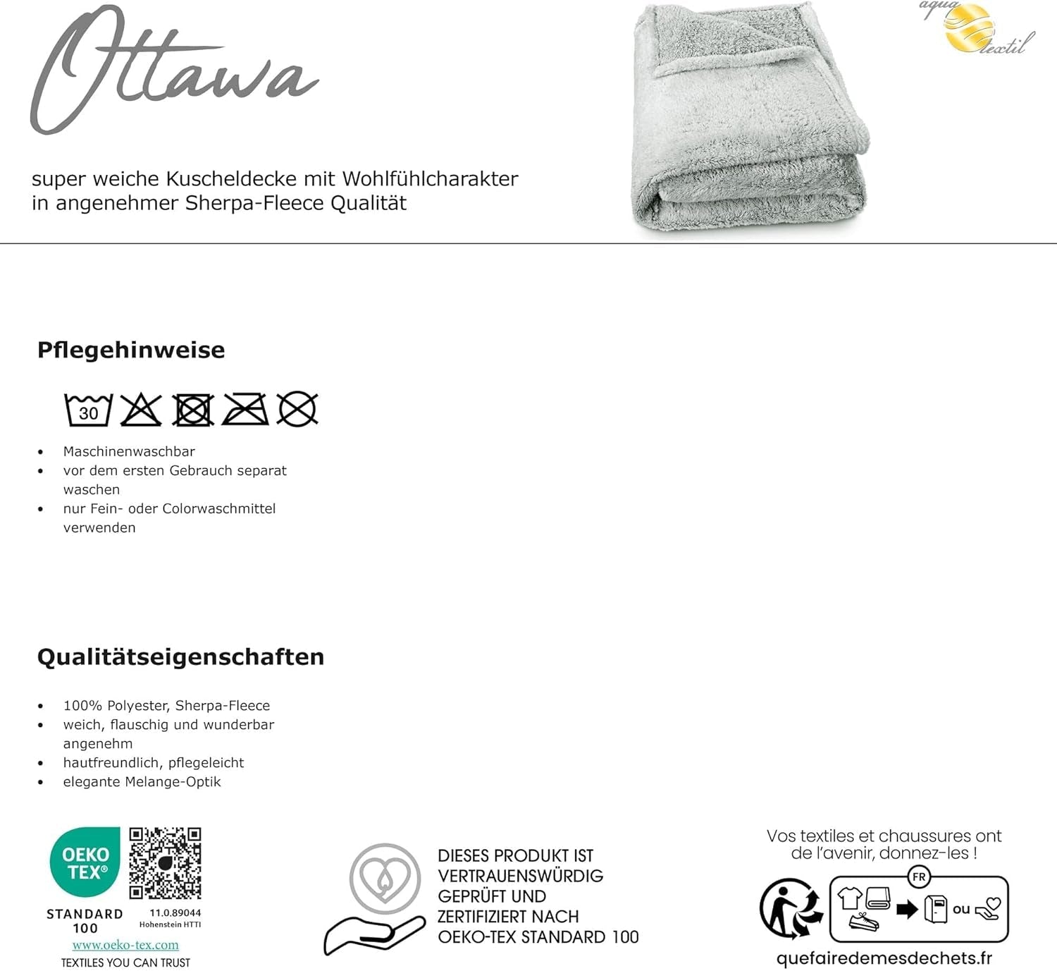 Aqua-Textil Soffice coperta coccolosa 150 X 200 cm Grigio Bianco Melange Coperta TV in peluche Copriletto Sherpa Fleece Oeko-Tex Ottawa Letti e coperte Besuche den aqua-textil-Store